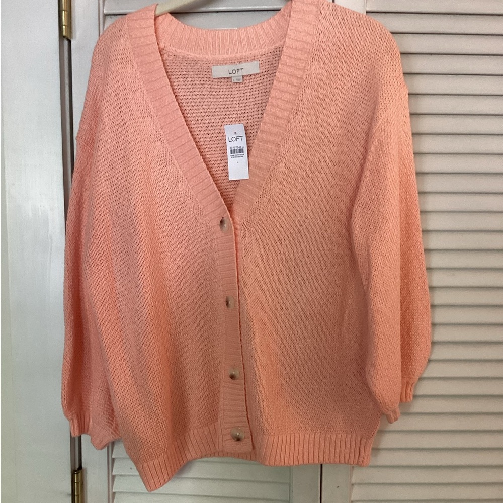 LOFT Size L Pink/Salmon Knit Cardigan NWT